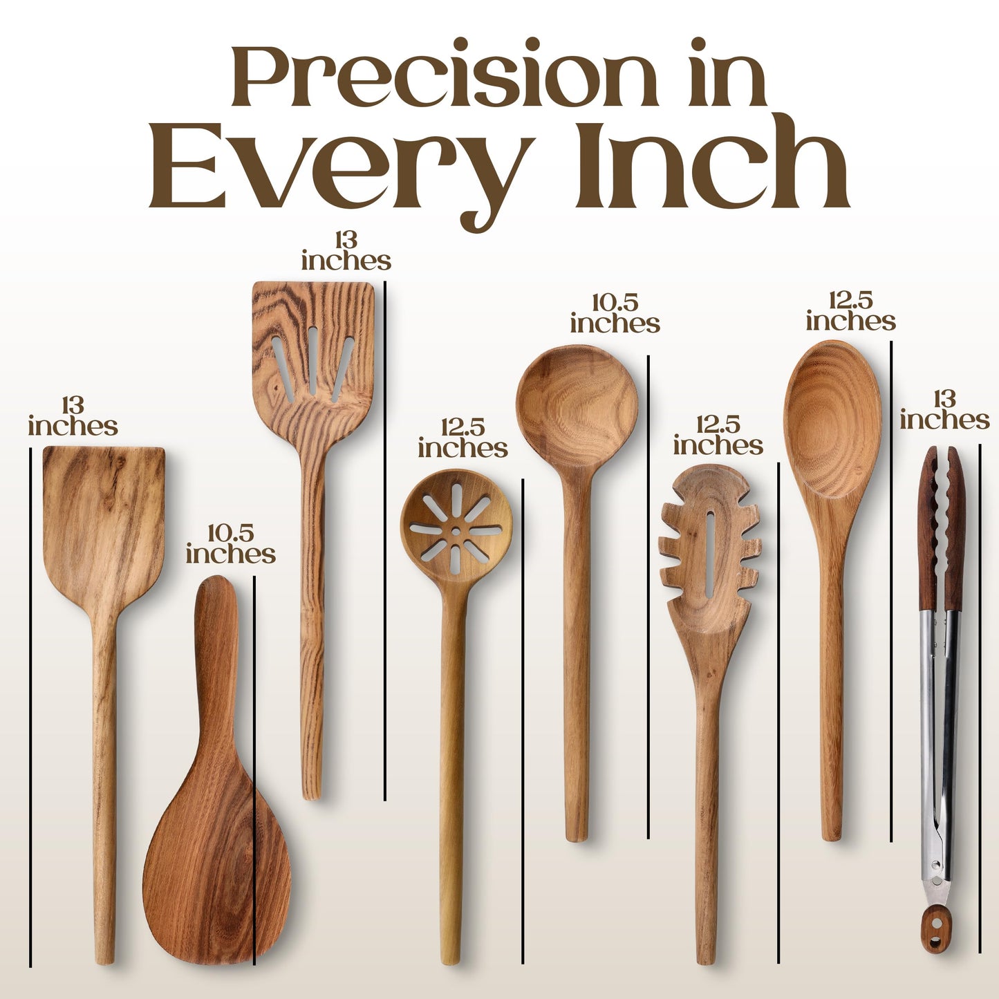 8 Piece Teak Wooden Cooking Spoons Set – Wooden Utensil Set with Spatula Scraper Pasta Spoon Rice Paddle Tongs for Everyday Cooking, Smooth Sanded Finish, Comfortable Grip Handles, Gentle on Cookware