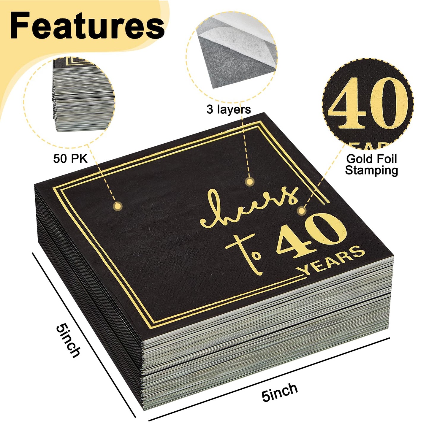 Ottin Black Cheers to 40 Years Cocktail Napkins, 5x5 Inches, 50 Counts, 3-Ply Disposable Gold Foil Party Napkins for 40th Birthdays Decorations, Anniversaries, Weddings