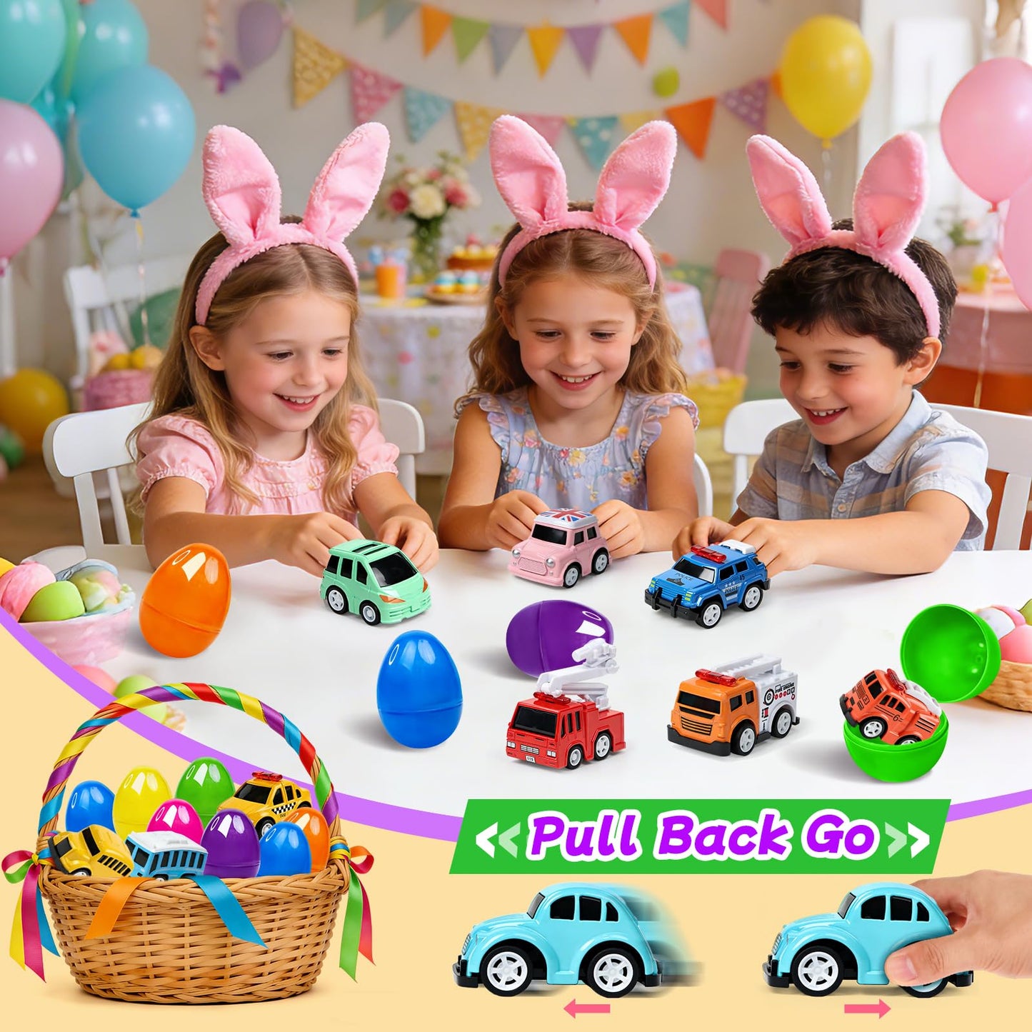 12 Pcs Prefilled Easter Eggs with Mini Cute Pull Back Alloy Car Toys for Toddlers Kids Easter Basket Stuffers Egg Hunt Party Favors Classroom Prizes for Boys and Girls