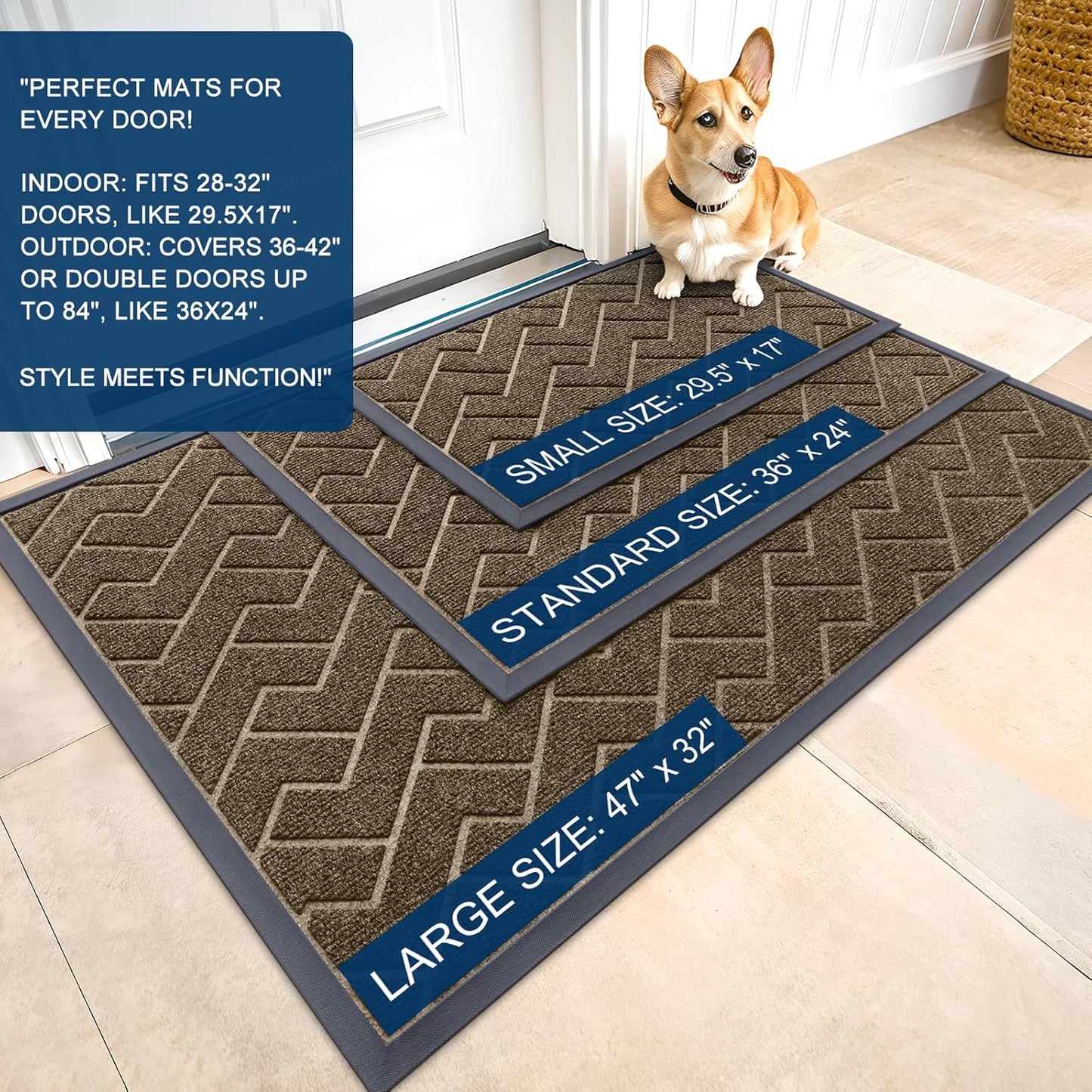 OLANLY Waterproof Front Door Mat - All-Season Herringbone Design | Sturdy Natural Rubber, Easy Clean (Brown, 71x23)