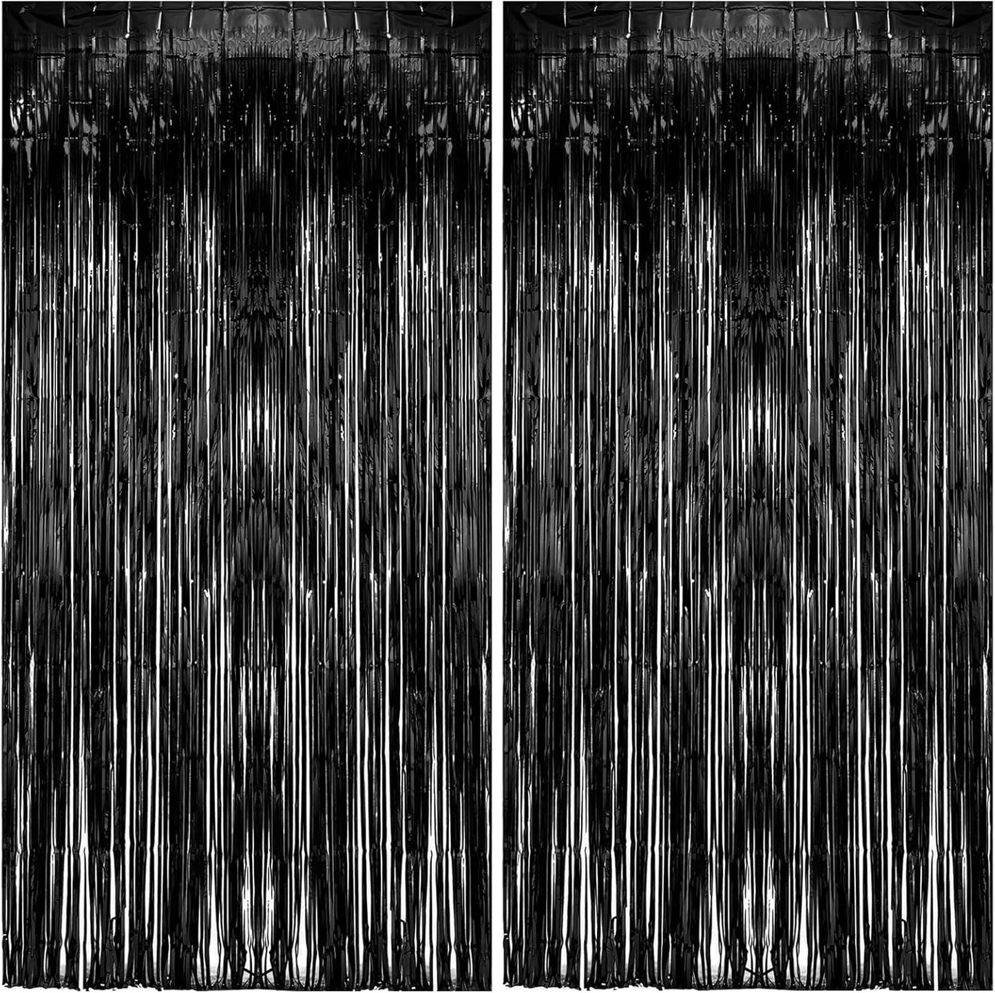 Skiennix Black Metallic Tinsel Foil Fringe Curtains - 2 Pack Photo Booth Backdrop for Parties & Celebrations