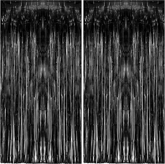 Skiennix Black Metallic Tinsel Foil Fringe Curtains - 2 Pack Photo Booth Backdrop for Parties & Celebrations