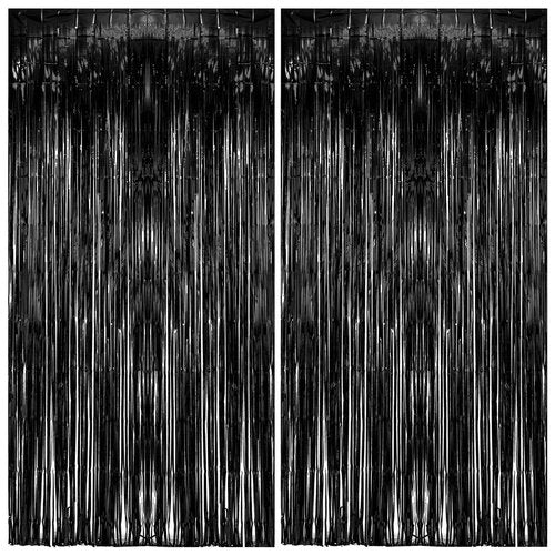 2 Pack Foil Curtain Backdrop Black Metallic Tinsel Foil Fringe Curtains Photo Booth Props for Birthday Wedding Engagement Baby Shower Bachelorette Christmas Holiday Celebration Party Decorations