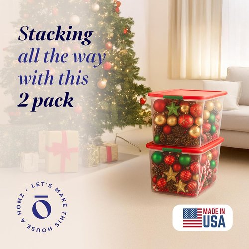 HOMZ 64 Quart Clear Plastic Storage Organizer Bins - Stackable Containers with Red Lids for Home & Office
