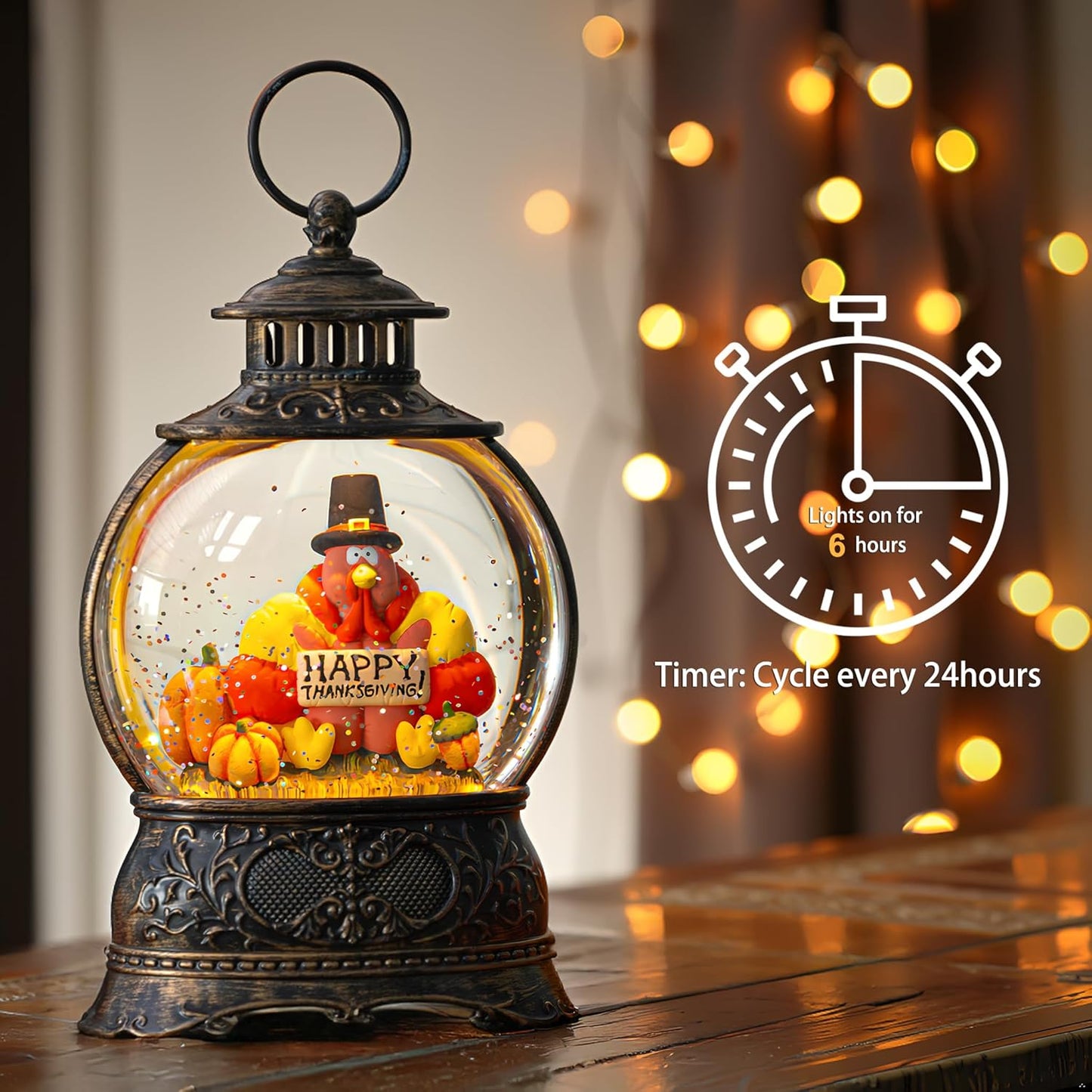 Skiennix Snow Globe | Thanksgiving Water Lantern with Swirling Glitter - Autumn Harvest Decor (Turkey & Pumpkins)