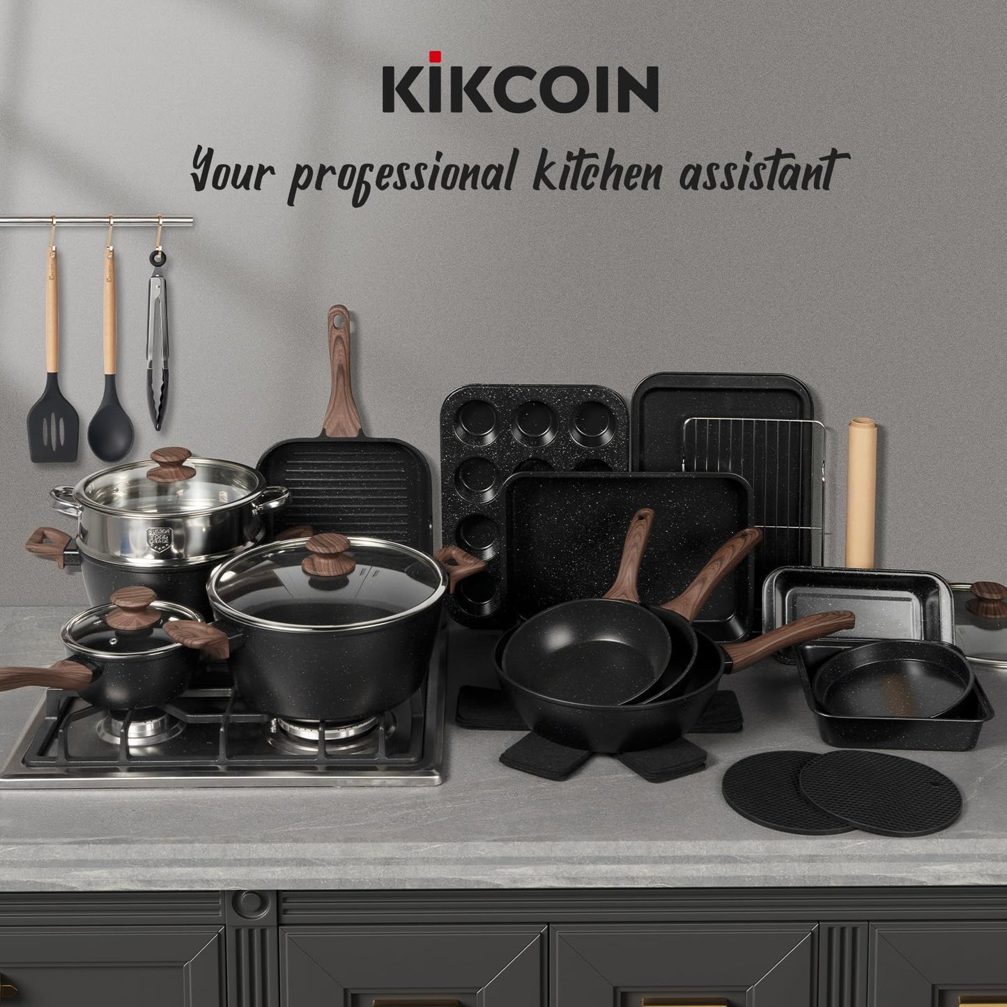 Kikcoin Nonstick Grill Pan for Indoor Cooking，9.5 Inch Versatile Griddle for Stove Tops Steak Pan with Pour Spouts