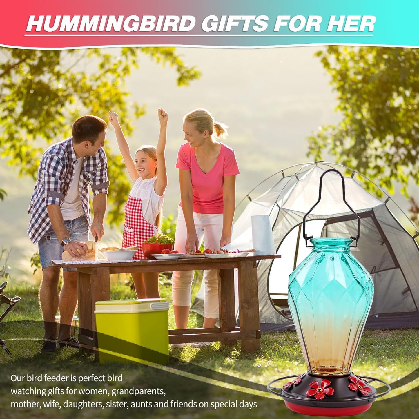 Skiennix Glass Hummingbird Feeder - 25 Oz Leak-Proof Outdoor Nectar Feeder with 5 Flower Ports | Diamond Green