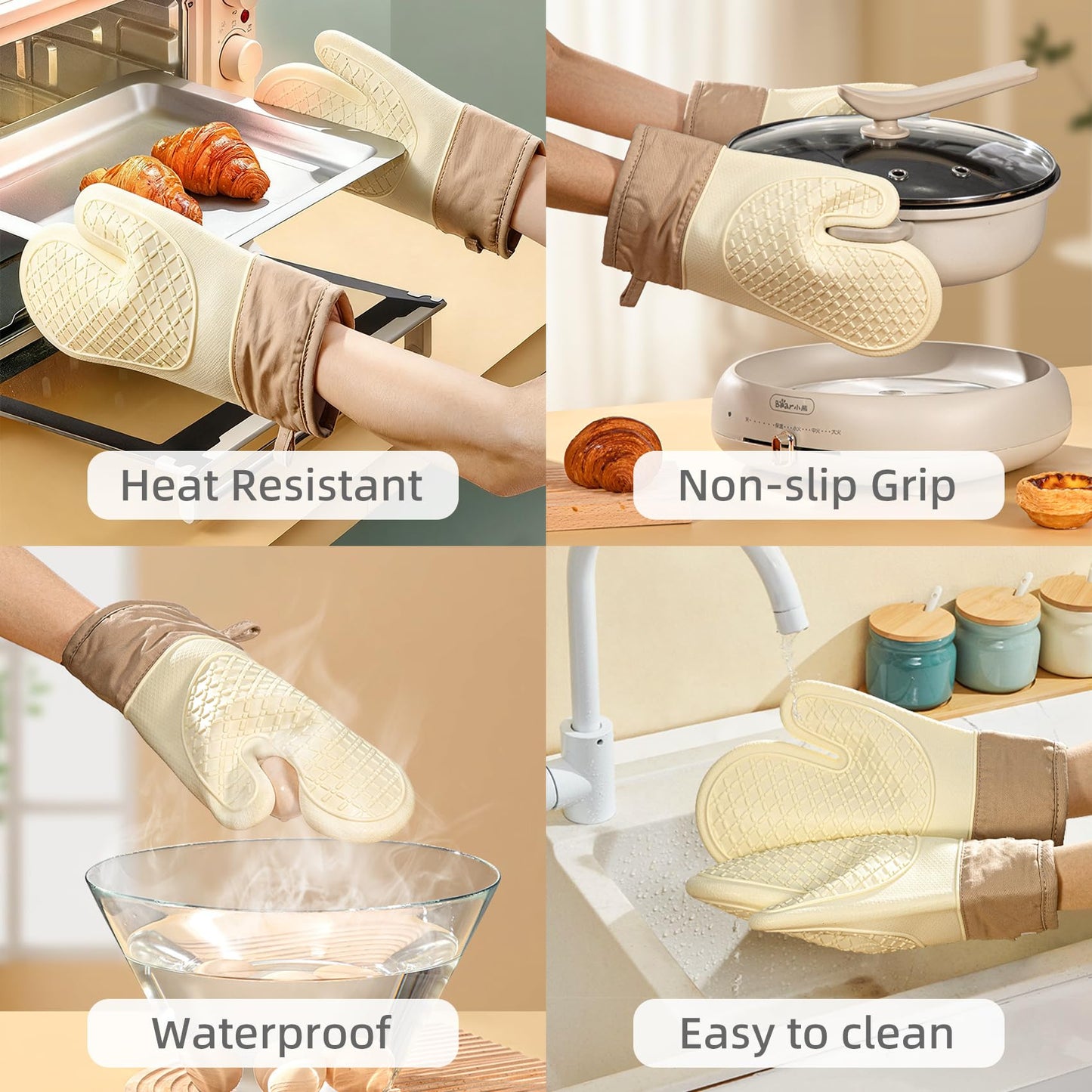 Silicone Oven Mitts，Heat Resistant up to 500°F, Oven Gloves with Soft Lining, Non-Slip Kitchen Essentials, Kitchen Gadgets, Apartment Essentials, Great Gift for Cooking (beige-1pair)