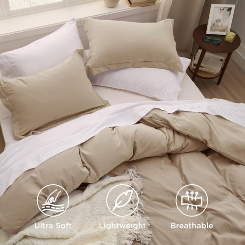 Bedsure Duvet Cover Set - Light Brown Full Size, Extra Soft Cotton-Like Bedding, 3 Pieces, 80x90 Inches