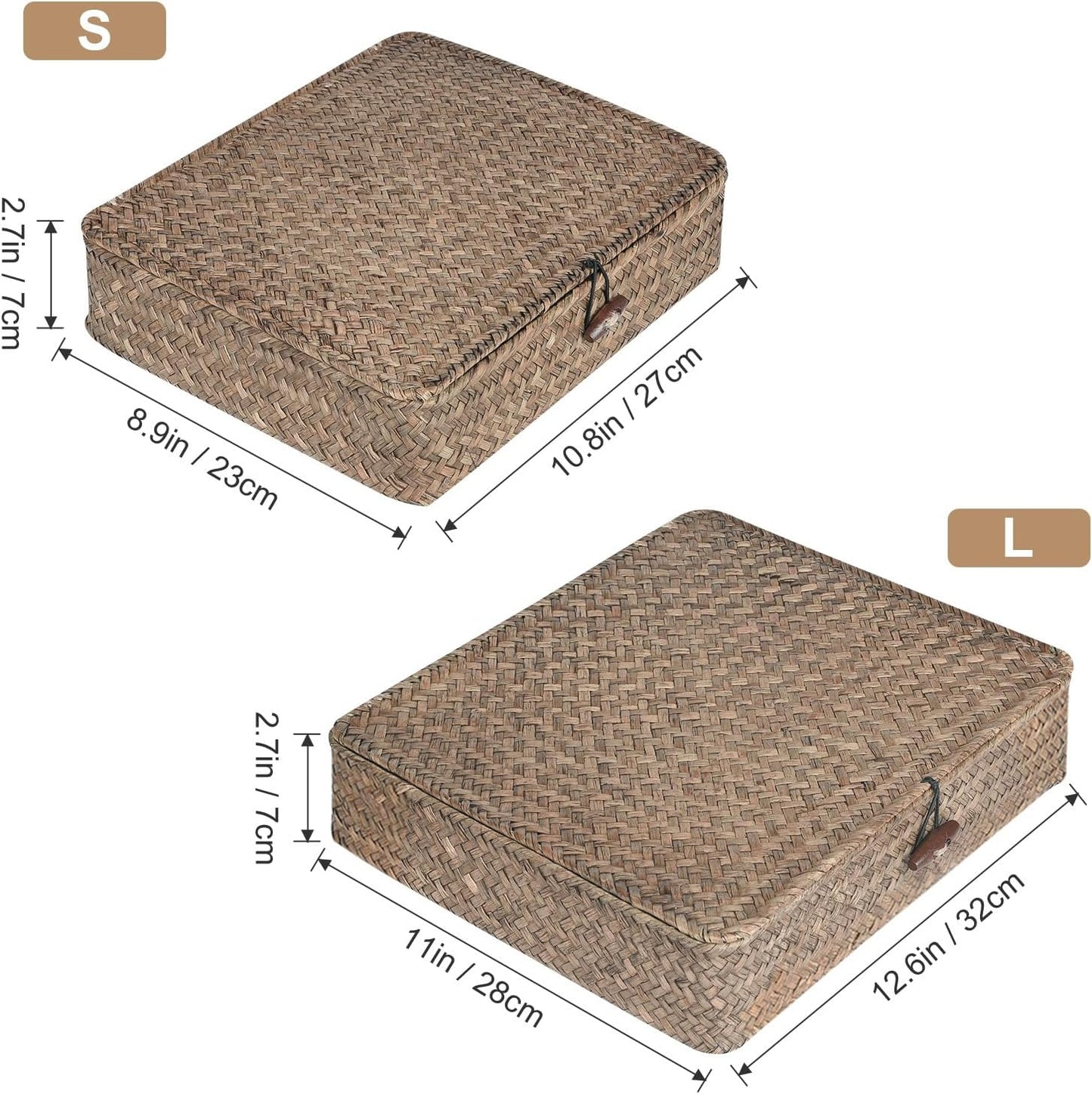Skiennix Set of 2 Flat Seagrass Storage Bins - Woven Baskets with Lids for Home & Office Organization | Coffee Color