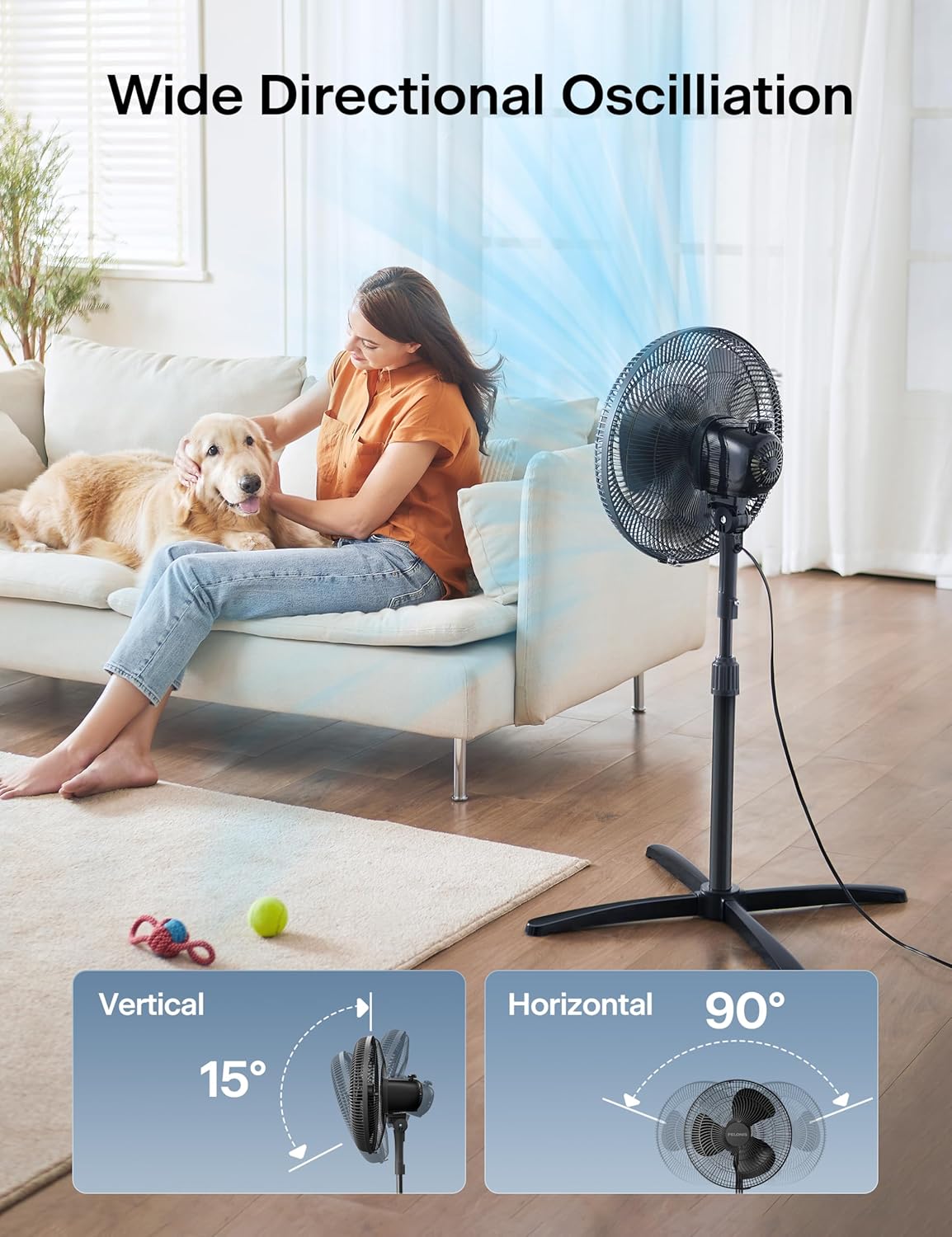 Pelonis 16-Inch Oscillating Pedestal Fan - 3 Speeds, 90° Oscillation, Adjustable Height - Black