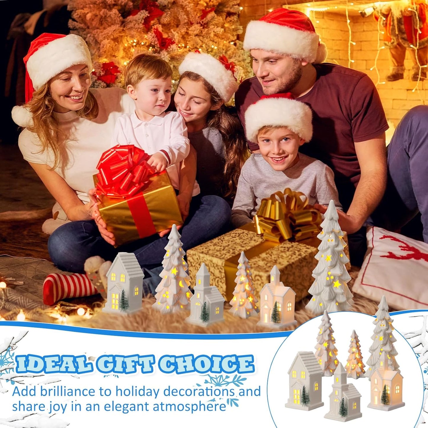 Nuogo Light Up Ceramic Christmas Trees Set - 6 Pcs White LED Decor with Glitter Snow for Holiday Tables