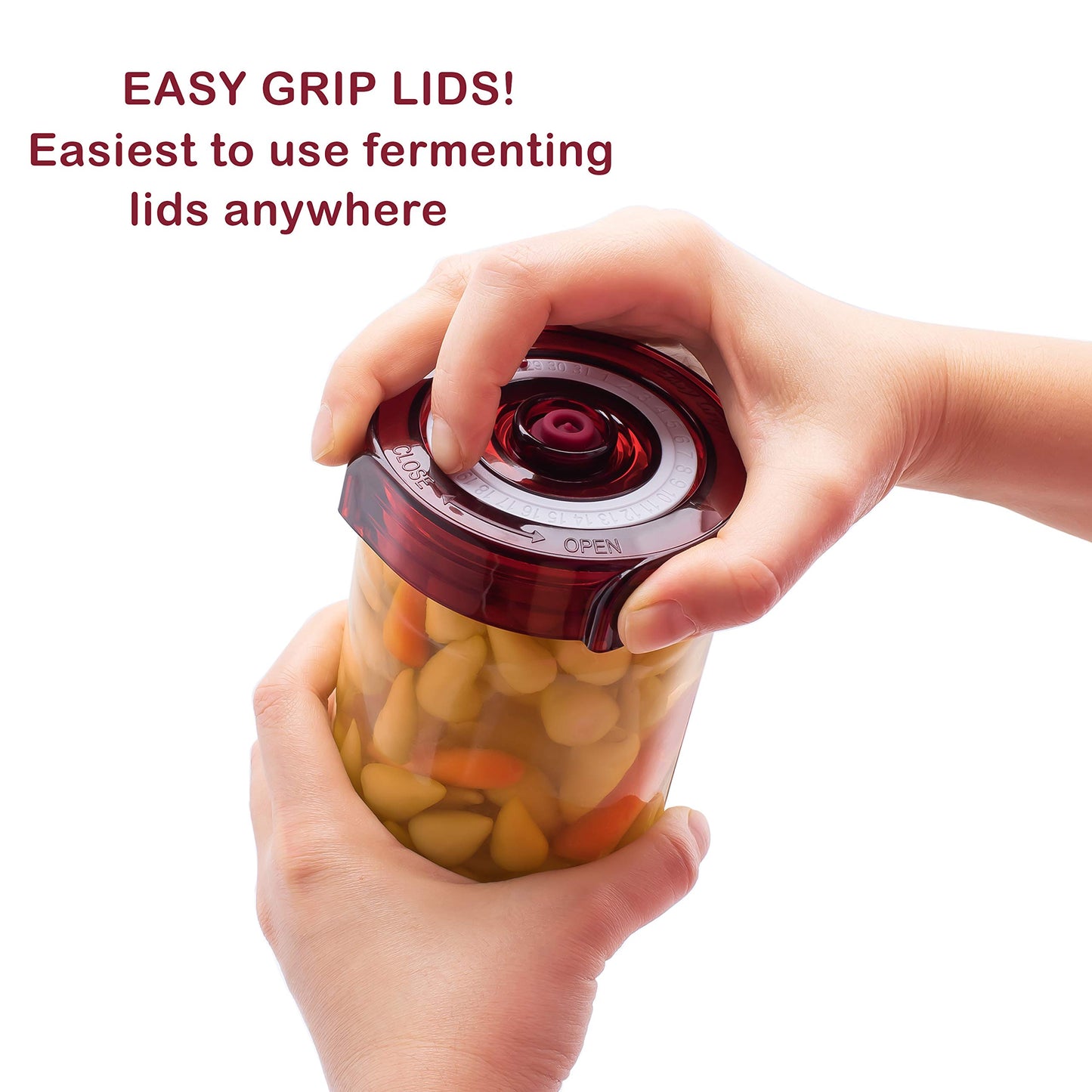 Fermenting Lids for wide mouth mason jars. 4 waterless airlock fermentation lids kit. Easy Grip fermenter lid with Oxygen Pump automatically Vents air. Tracks ferment date. (4 Lids + Pump)