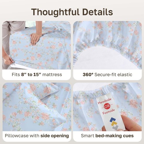 California Design Den Twin Bed Sheets Set | 100% Cotton, 400 Thread Count, Floral Blue/Pink Design