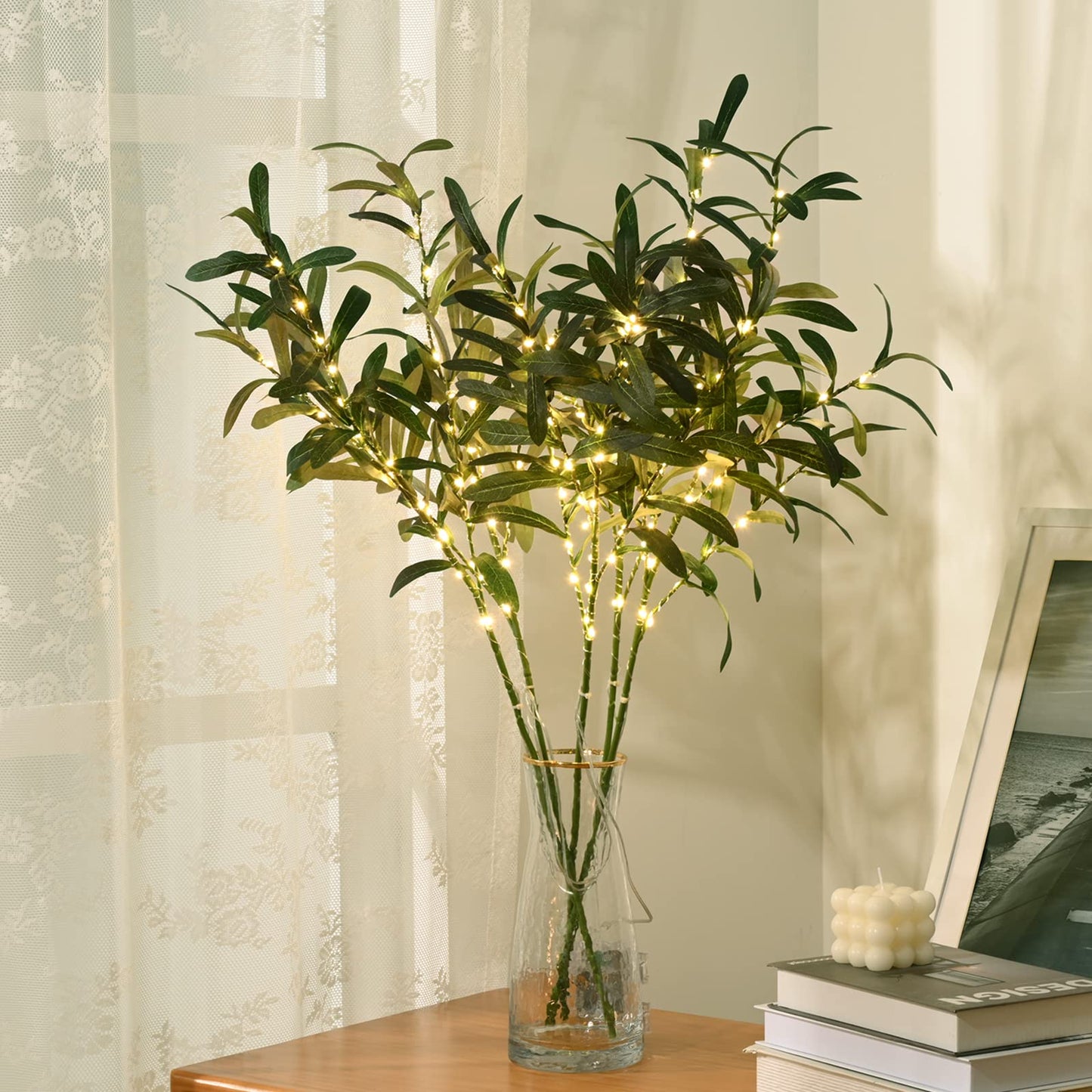 Waipfaru 5pcs 29'' Olive Branches for Vases with Battery Operated Lights, Lighted Olive Tree Branches with Timer, Artificial Greenery Stems Decor for Centerpieces Flower Arrangements Vases