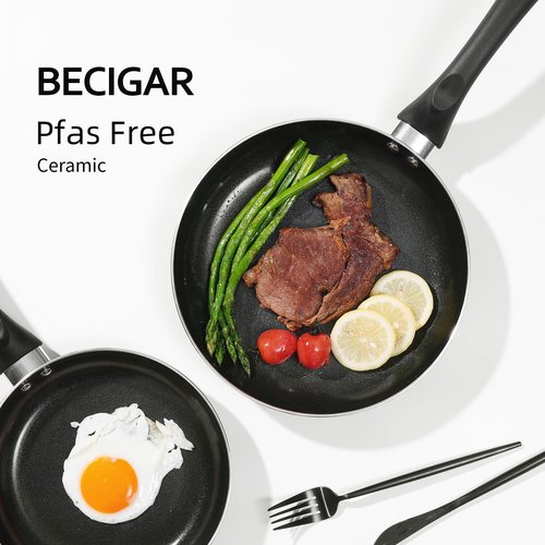 BECIGAR 8pcs Black Ceramic Pots and Pans Set, Cooking Pan Set,Cooking Pot Set Ceramic Pan Set, Nonstick Cookware Set, Induction Safe Kitchen Cooking Set with Frying Pans, Saucepans, shovel and Ladle