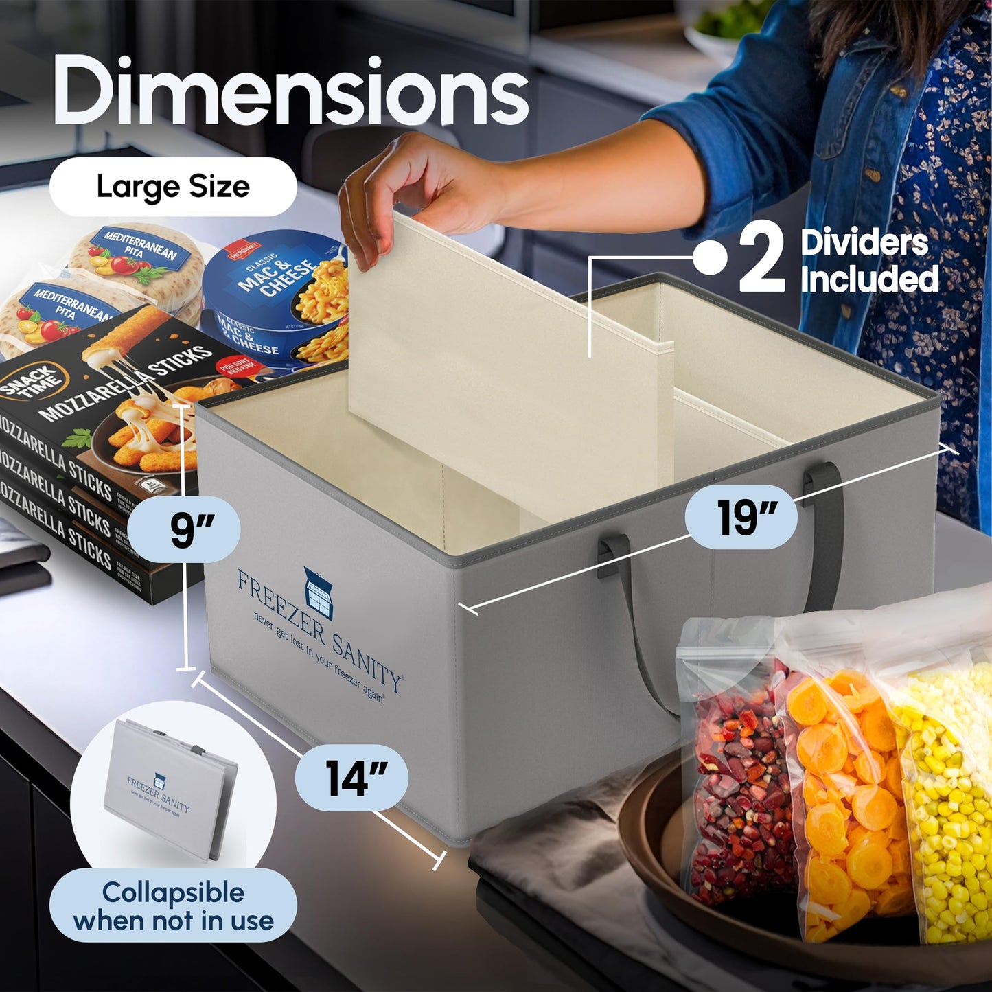 FREEZER SANITY The Original Chest Freezer Organizer Bins, Stackable Storage Organizers, Deep Freezer Dividers, Handles, Heavy-Duty, Waterproof (Large 19x14x9)