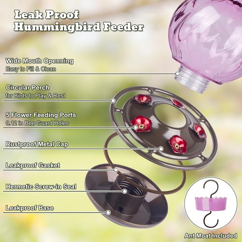 Auslar Hummingbird Feeder - 26 Ounce Purple Outdoor Feeder with Ant Moat & 5 Feeding Ports