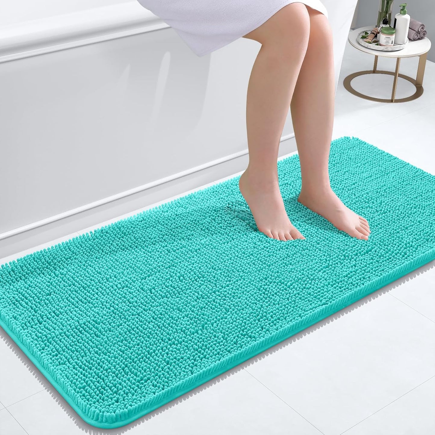 OLANLY Bathroom Runner Rugs - Extra Soft Chenille Bath Mats with Rubber Backing | 47x20, Teal, Quick Dry