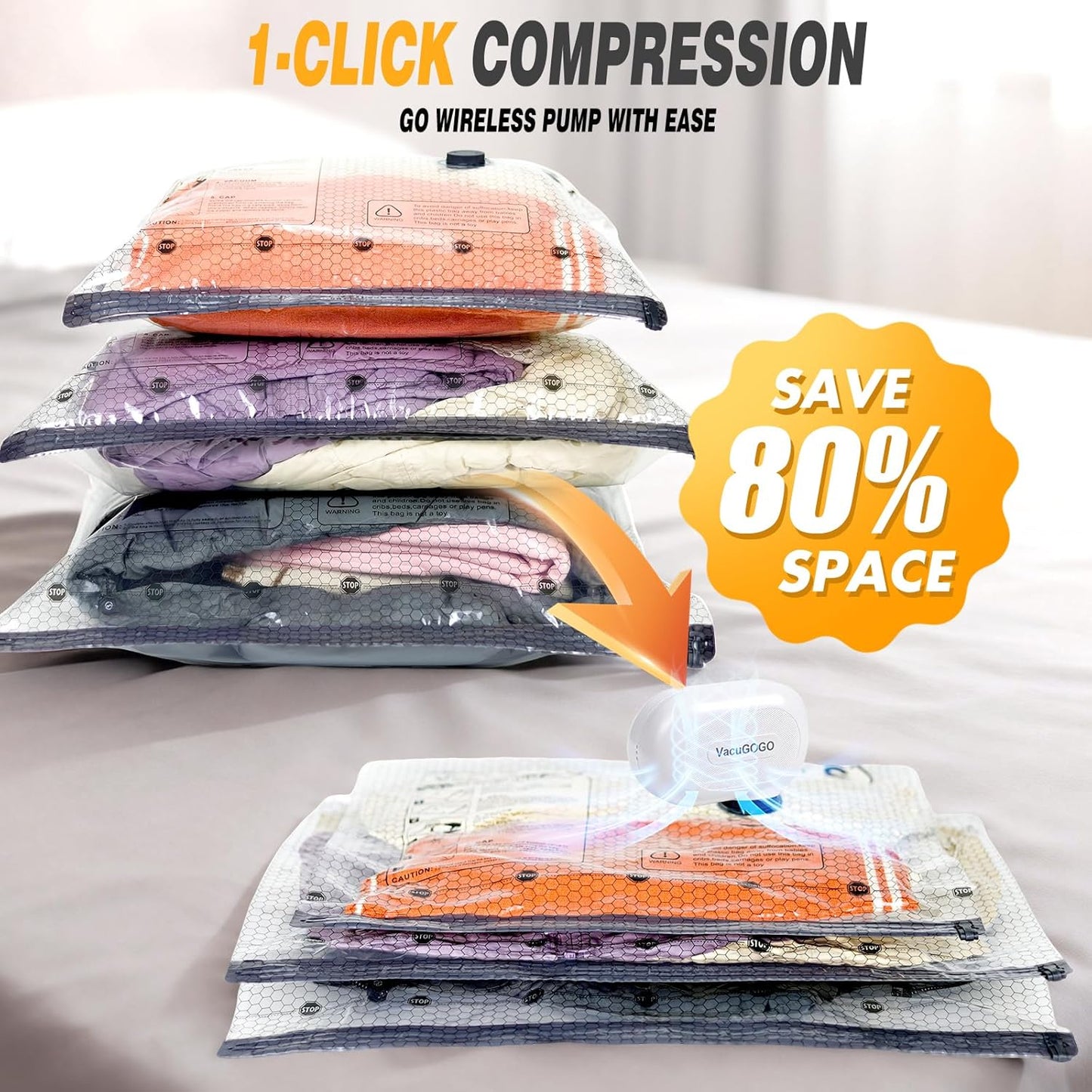 Travel Vacuum Storage Bags - Space-Saving Compression Bags with Portable Electric Pump | 15-Pack for Clothes