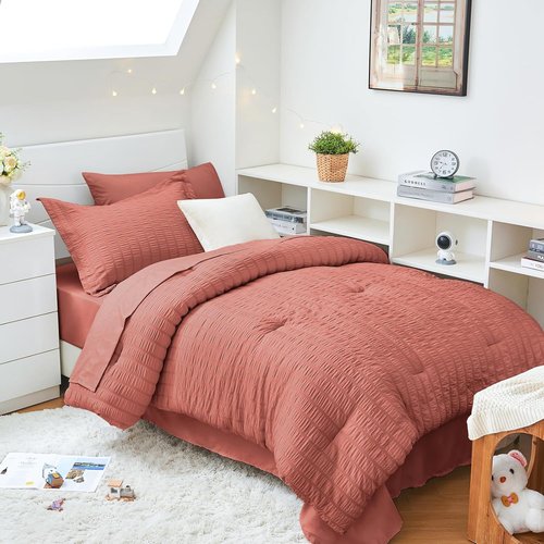 HYMOKEGE Twin XL Comforter Set - 5-Piece Seersucker Luxury Bedding Set for All Seasons | Includes Comforter, Sheets, Pillowcase & Sham