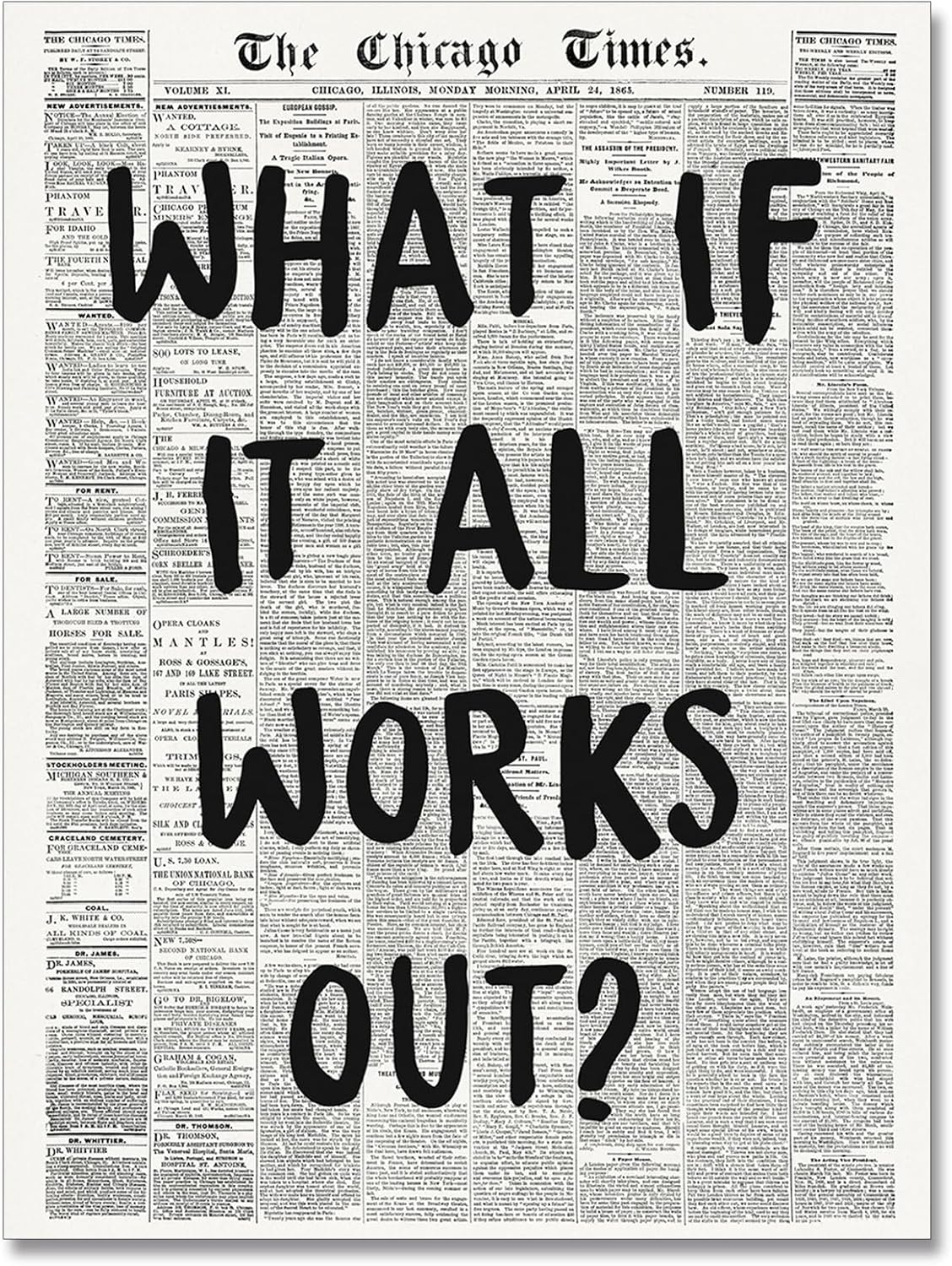 Zphvaqd Trendy Newspaper Canvas Wall Art - "What If It All Works Out" Print | Black & White Home Decor 16 x 24 in Unframed
