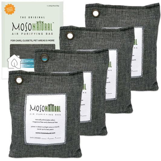 Moso Natural Air Purifying Bag 200g (4 Pack) | Premium Bamboo Charcoal Odor Absorber for Home & Car | Closet Odor Eliminator, Small Room Deodorizer & Car Air Freshener | Long Lasting Charcoal Bags