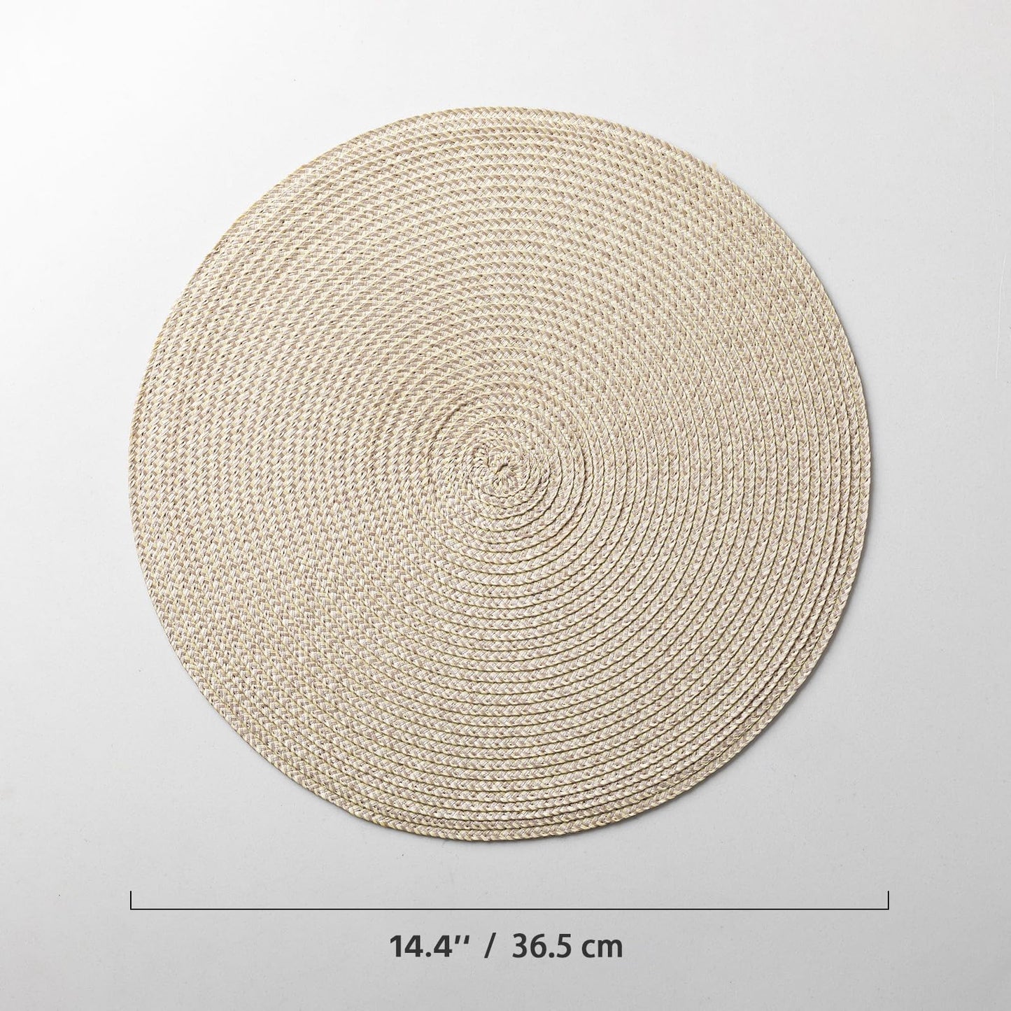 Baroyal Round Placemats Set of 6 Plastic Woven Placemats Washable Wipeable Table Mats for Dining Table Heat Resistant Non-Slip Circle Place Mats (Beige-Brown)