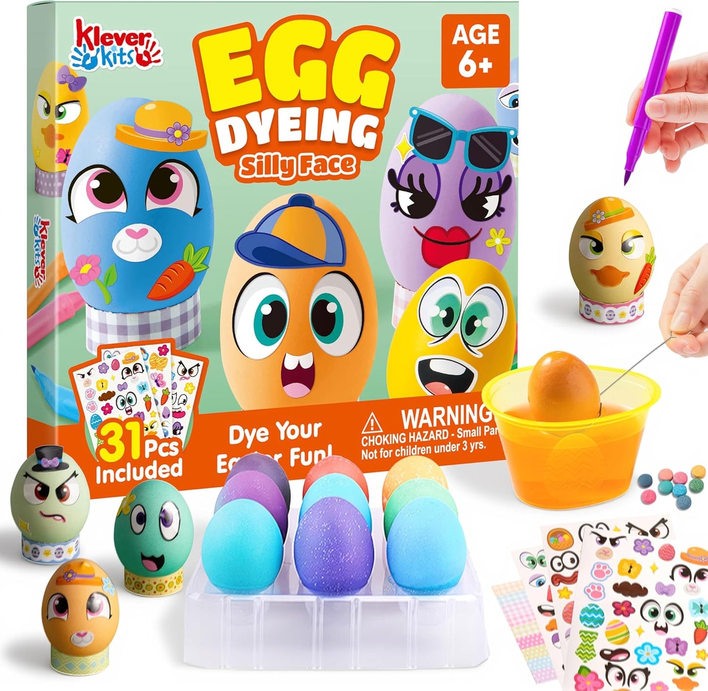 Klever 31PCS Easter Egg Decorating Kit - DIY Dye Tablets & Face Stickers for Kids' Parties
