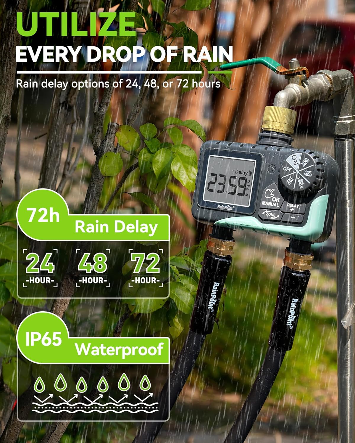 RAINPOINT Water Timer for Garden Hose - Programmable Sprinkler Timer with Brass Swivel | 2 Outlets for Automatic Irrigation