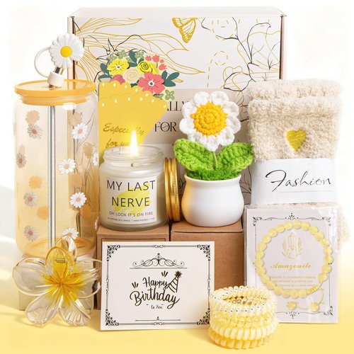 Happy Birthday Gifts for Teen Girls Women, Unique Mothers Day Gifts for Mom, Gift Baskets for Her Self Care Thank You Get Well Present Set, 14pcs Cute Daisy Box for Friend Sister Coworker(Yellow)