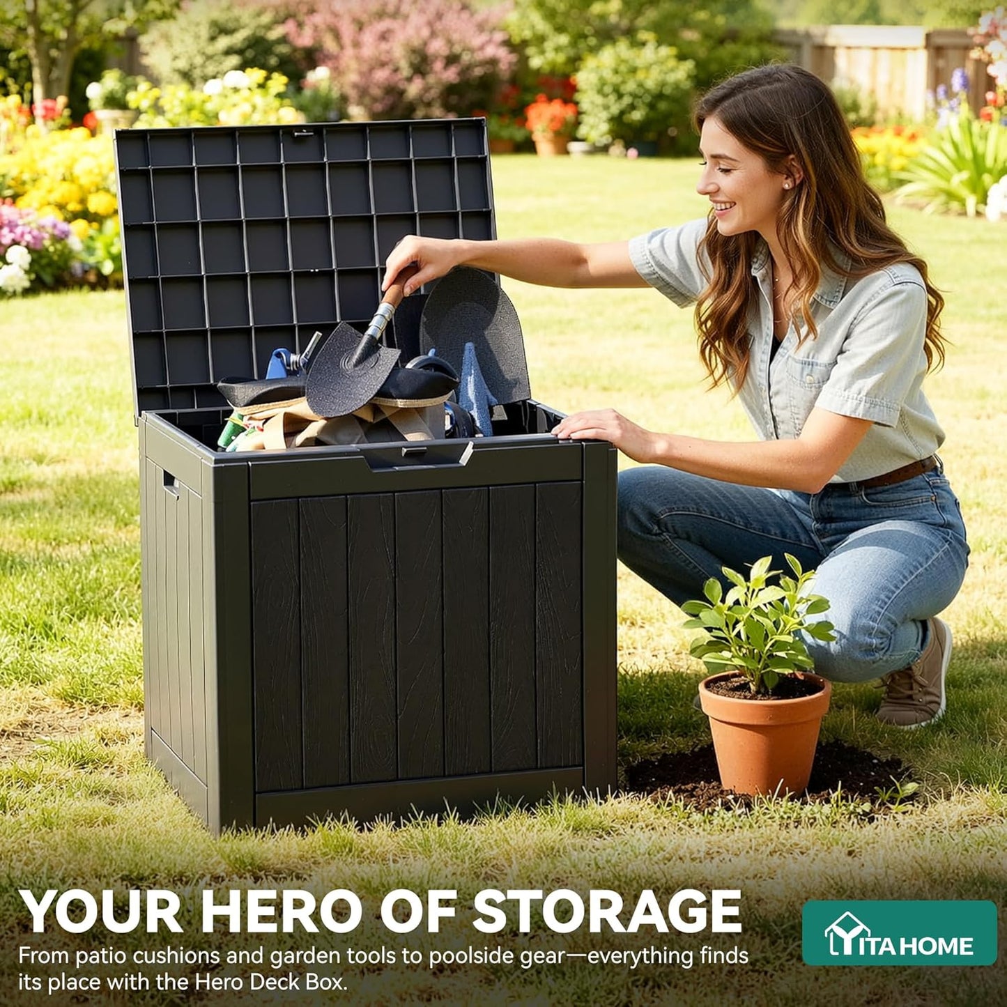 YITAHOME 30 Gallon Outdoor Storage Box - Waterproof Resin with Lockable Lid | Black for Patio & Garden
