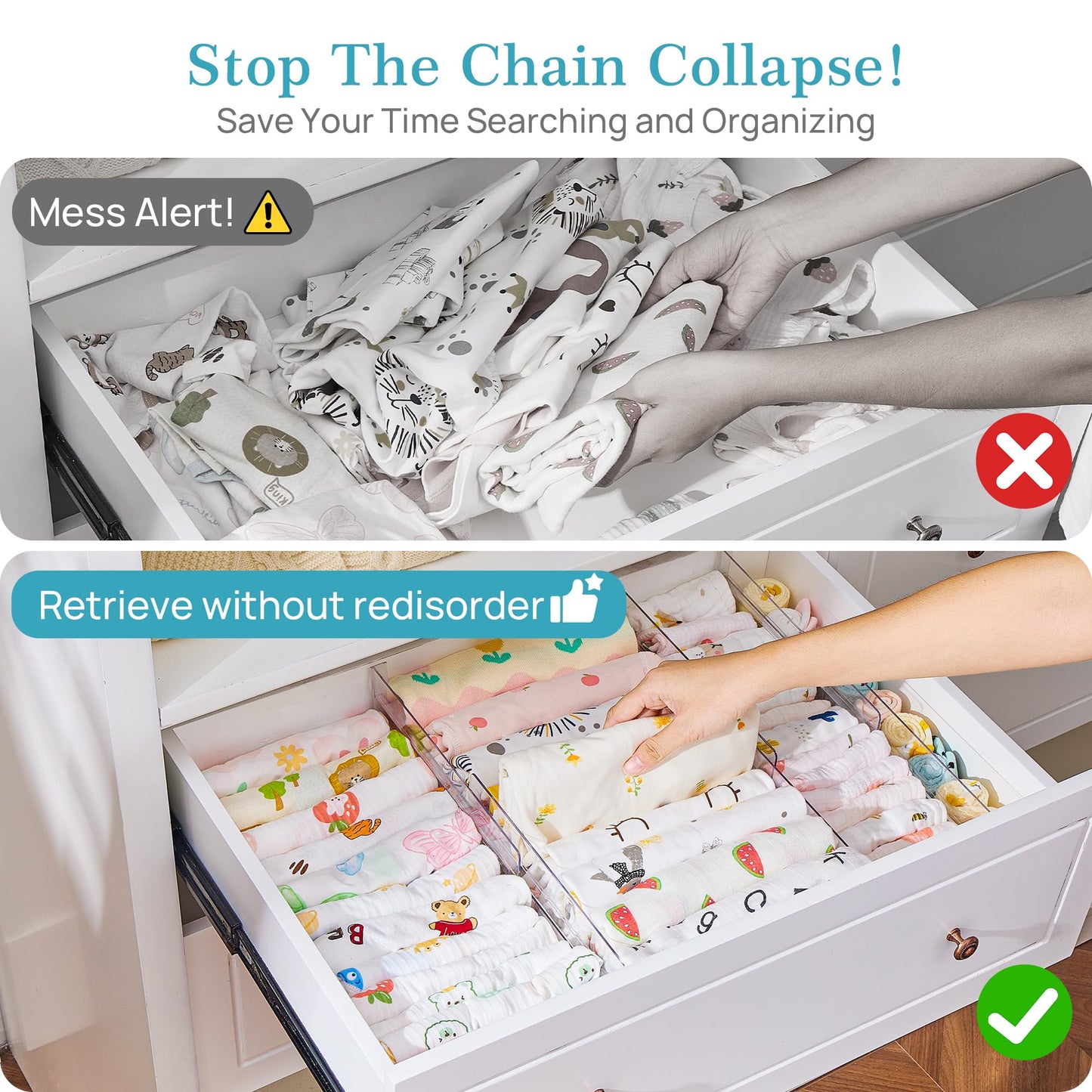 Vtopmart 8 Pack Drawer Dividers for Clothes, 4" High 10.2"-16.5" Adjustable Expandable Dresser Drawer Organizer, Clear Plastic Separators for Dresser, Baby Clothing, Underwear, Cosmetic, Toiletries