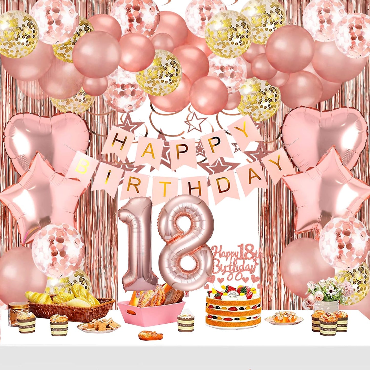 18th Birthday Decorations for Girls, Pink Rose Gold Happy 18 Birthday Banner Backdrop Balloons Table Cake Topper Honeycomb Centerpieces Hanging Swirls Paper Party Supplies