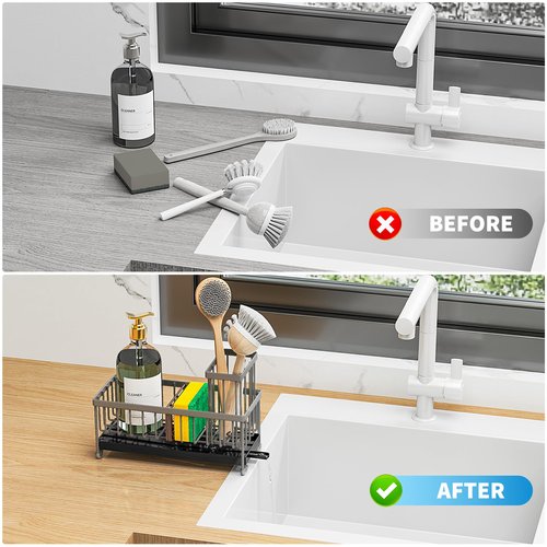 Cisily Sponge Holder for Kitchen Sink, Sink Caddy Organizer with High Brush Holder, Kitchen Countertop Organizers and Storage Essentials, Rustproof 304 Stainless Steel (Dark Grey, 9.25″)