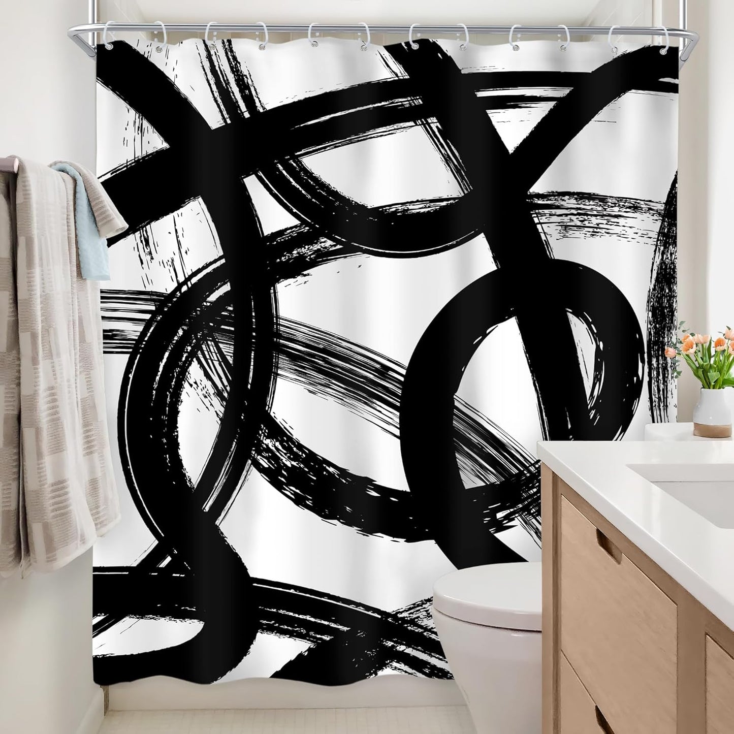 Newsely Black & White Abstract Shower Curtain - Modern Minimalist Design | 60"x72" Waterproof Bath Decor