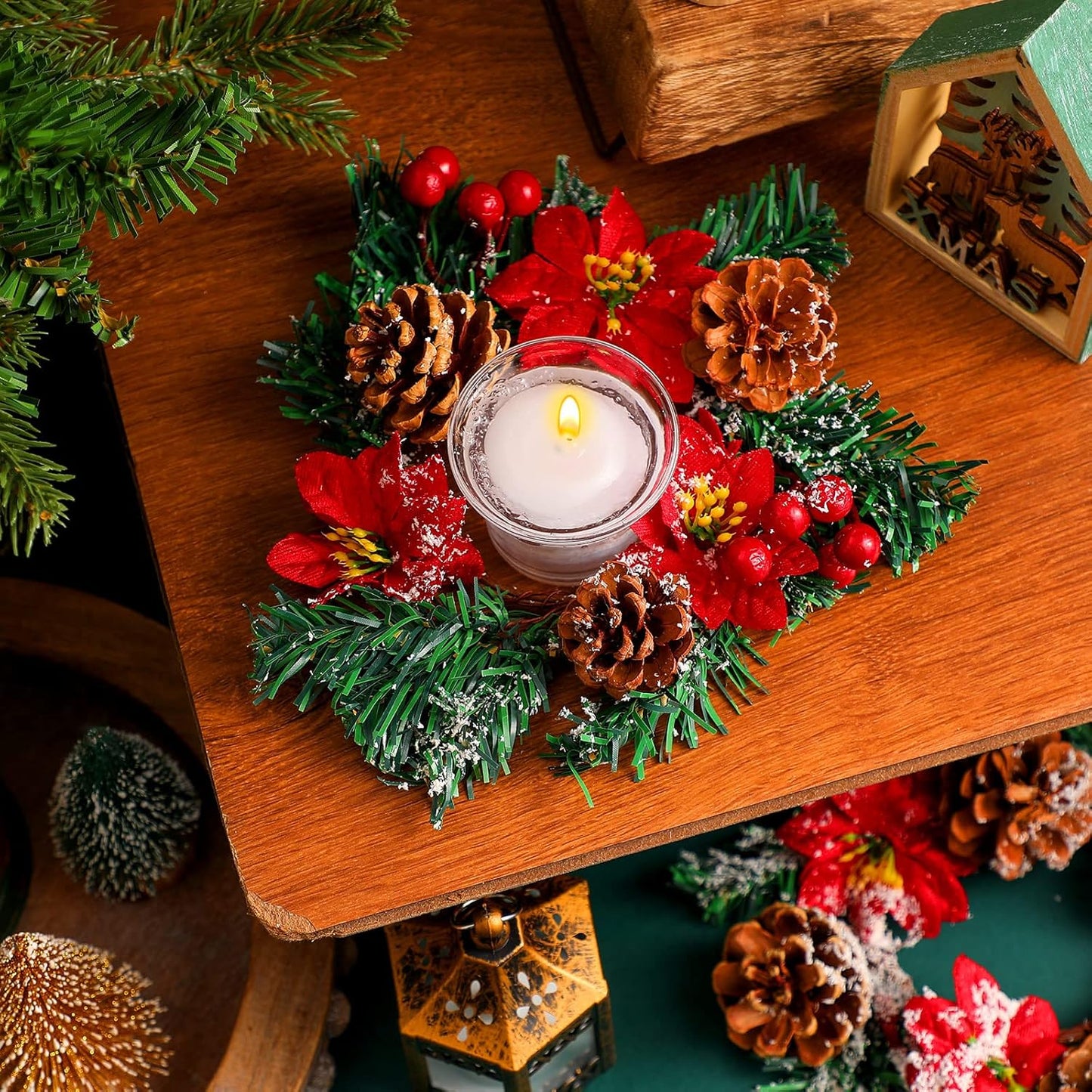 Regine Switzerland 8-Pack Christmas Poinsettia Candle Rings - Tealight Holders & Centerpiece Decor