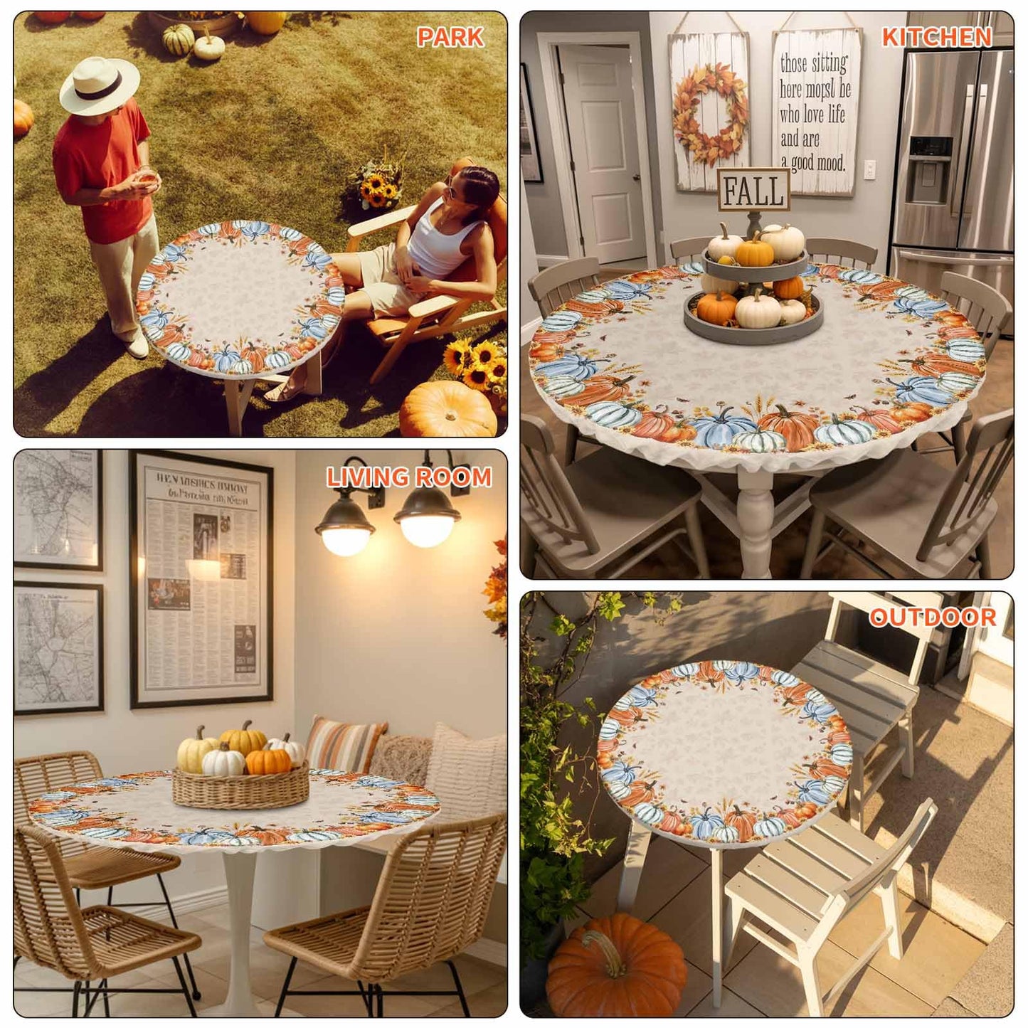 Thanksgiving Round Fitted Tablecloth 45-54inch, Autumn Pumpkin Sunflower Table Cover with Elastic Edged Waterproof Spillproof Table Cloths for Kitchen Dining Patio Holiday Tables, Fall Maple Leaves