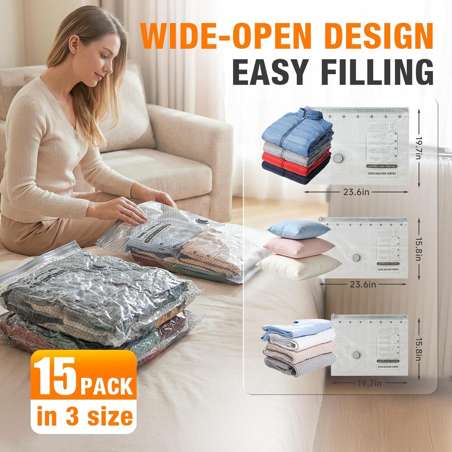 Space Saver Vacuum Storage Bags - Portable Electric Pump Included | Compression Bags for Travel & Home, 15 Combo (5L/5M/5S)