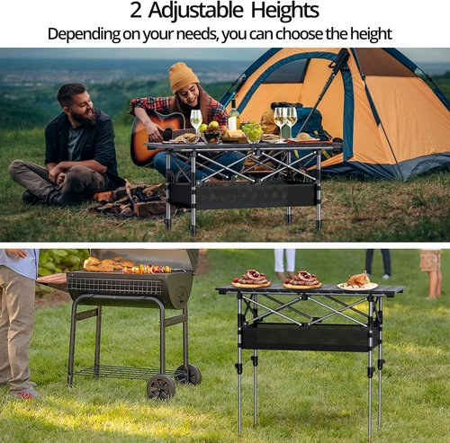Anbte Aluminum Camping Table - 3ft Adjustable Height with Storage Net & Bag | Lightweight Roll-Up for Indoor/Outdoor Use, Black