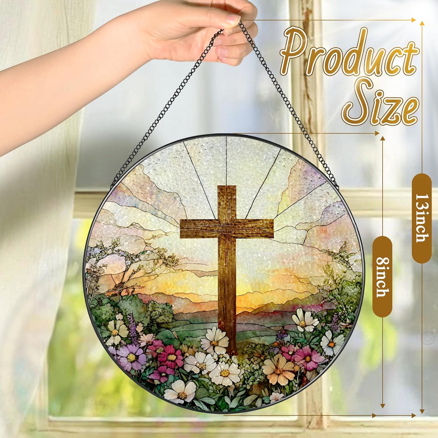 Skiennix 8-Inch Stained Glass Cross Suncatcher - Beautiful Wildflower Design for Easter & Home Decor