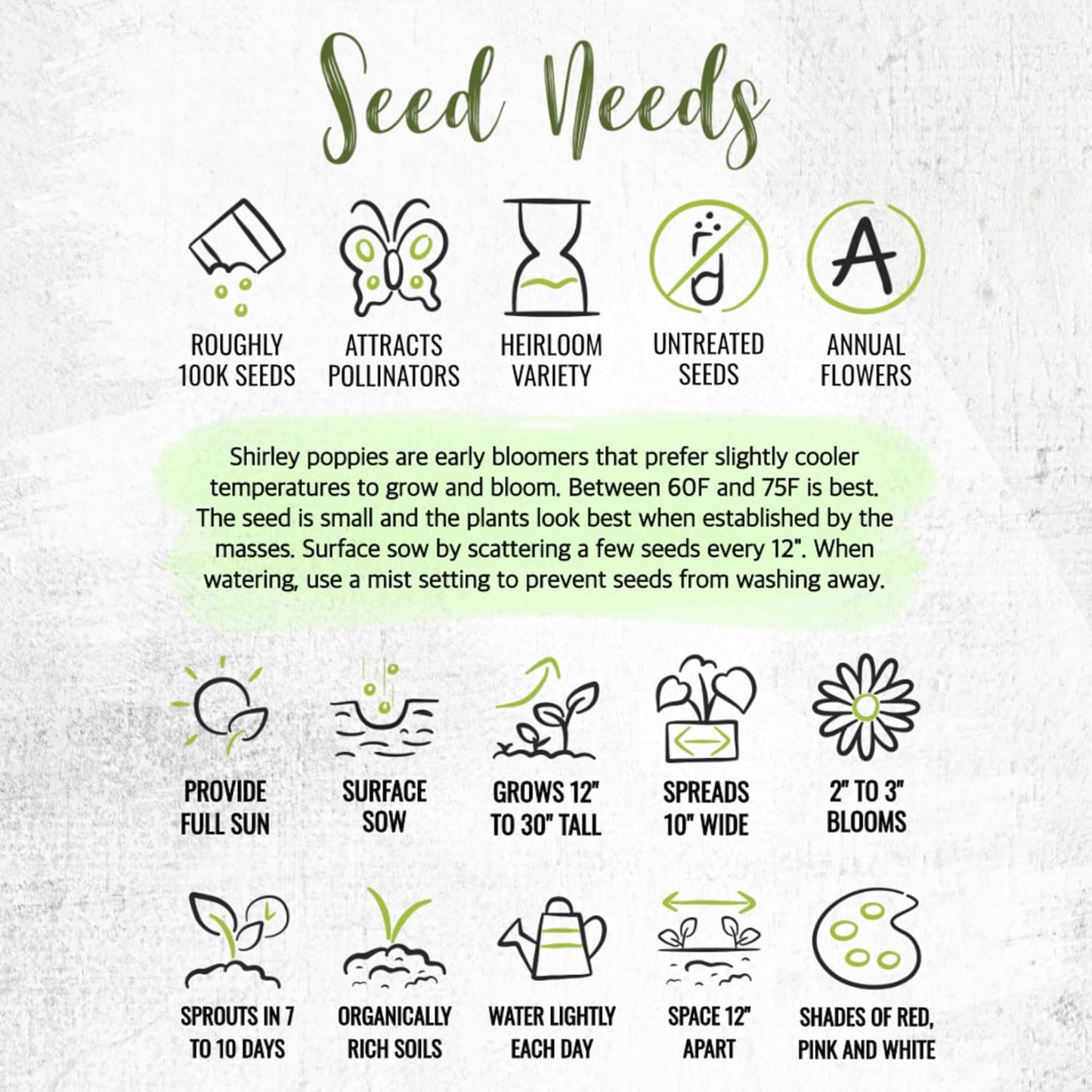 Seed Needs Shirley Mixed Poppy Seeds - 100,000+ Heirloom Papaver Rhoeas | Bulk Double Mixture Blend
