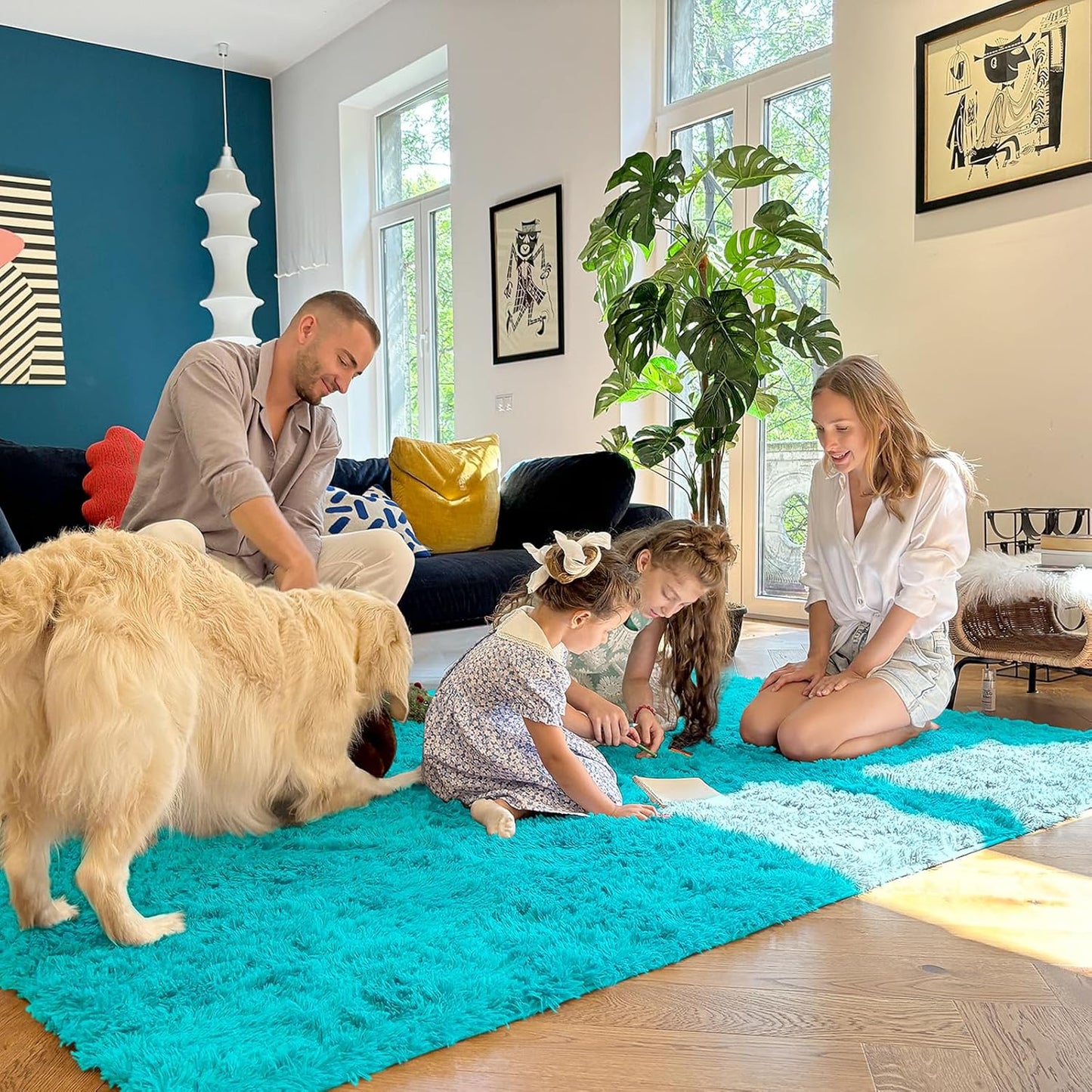 OLANLY Large Area Rug - Soft Fluffy Shaggy Carpet for Living Room & Bedroom | 5x8 Teal Blue