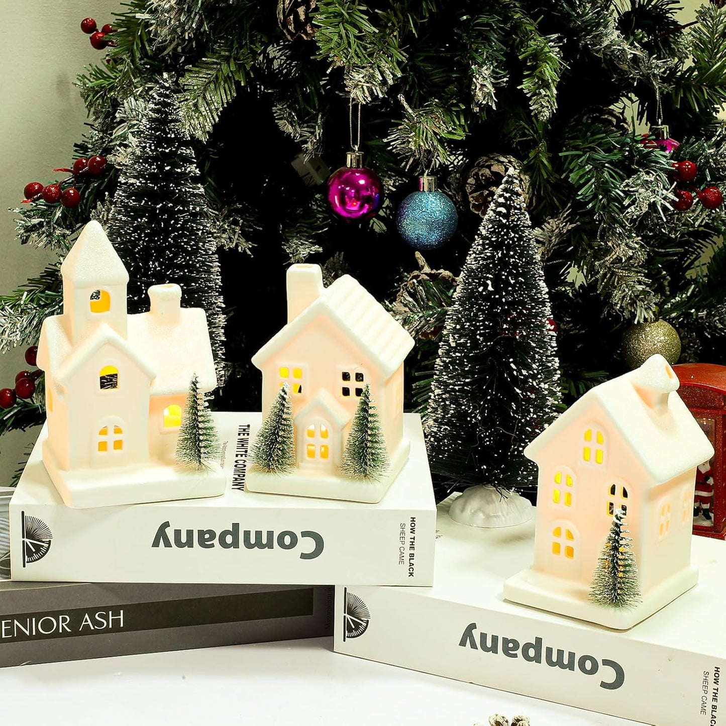 Skiennix Christmas Village Set - 5PCS LED Lighted Ceramic Houses & Decorative Trees | Home Decor