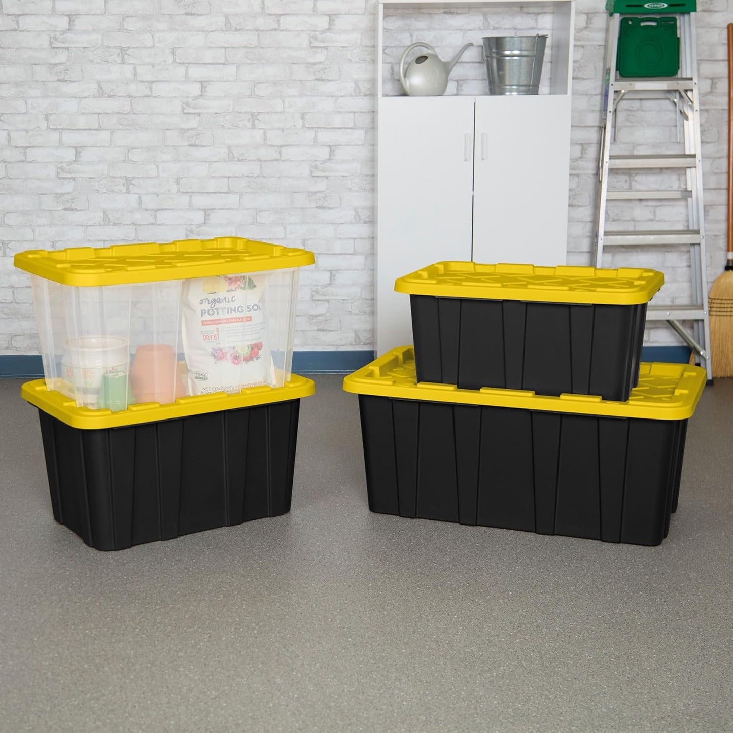 Sterilite 27 Gallon Industrial Tote - 8-Pack Clear Plastic Storage Bins with Yellow Lids for Heavy-Duty Organization