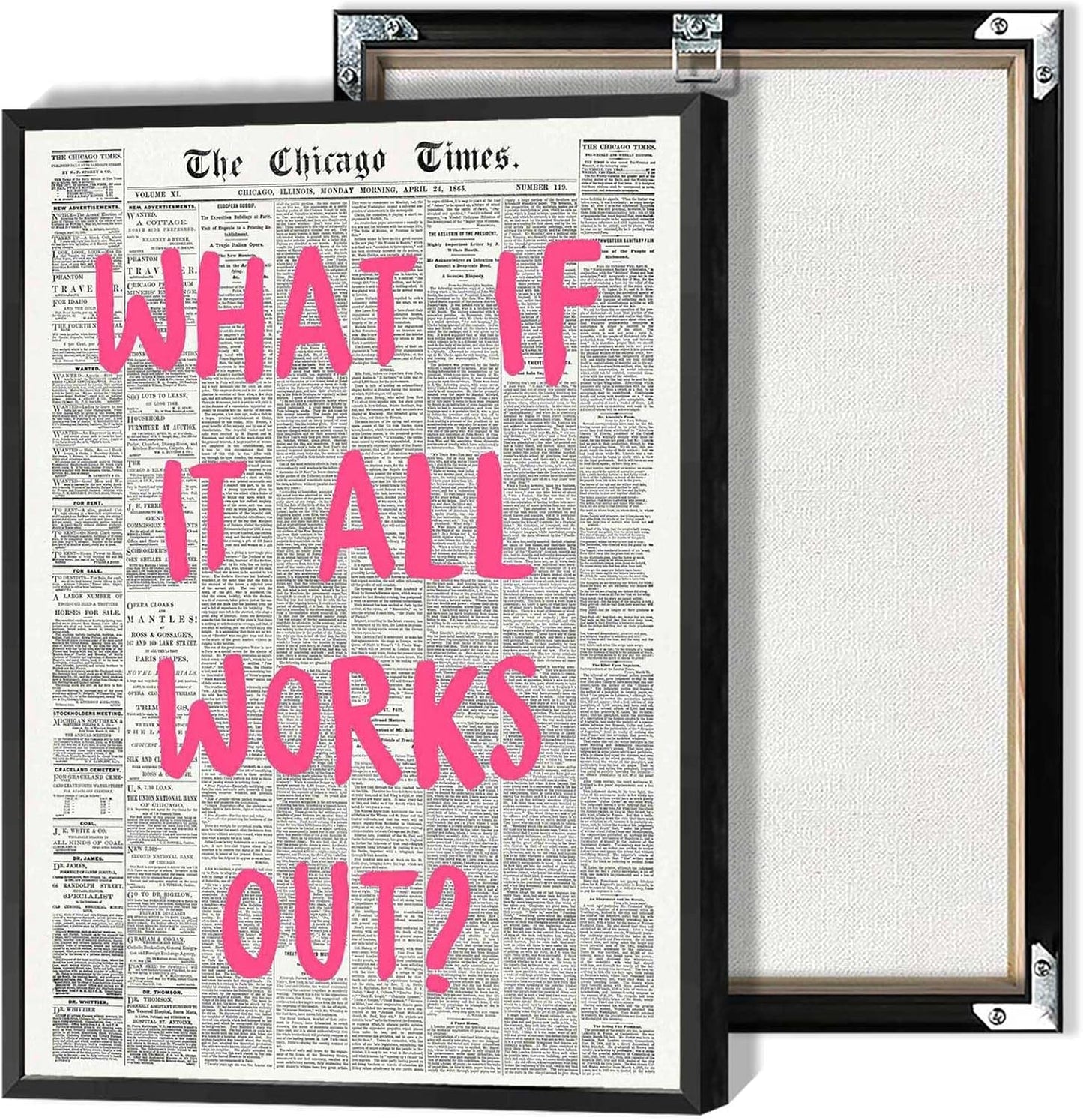 Retro Newspaper Poster by What If It All Works Out - Pink Font Canvas Wall Art | Minimalist 8x12in Framed Decor for Home & Bedroom