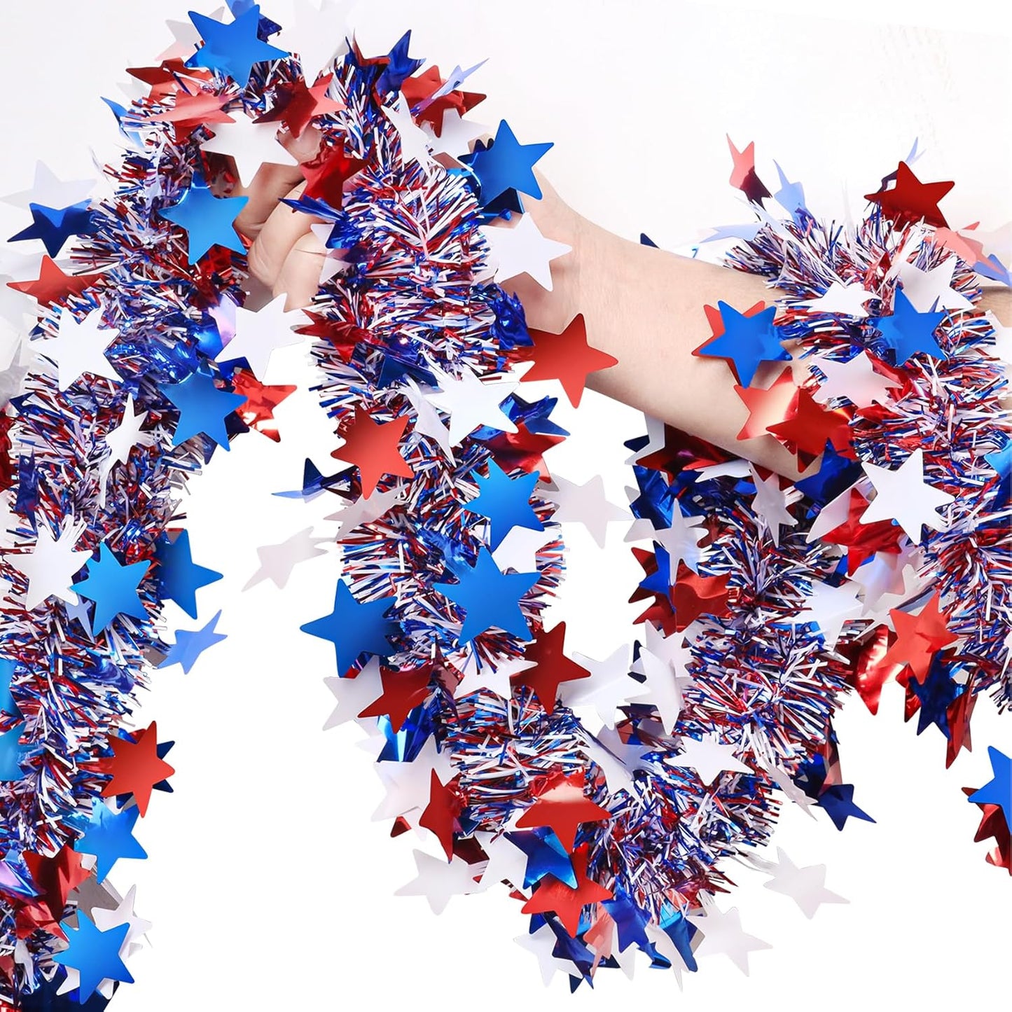 Skiennix 50Ft 4th of July Garland - Glitter Tinsel Patriotic Decor for Indoor/Outdoor Celebrations