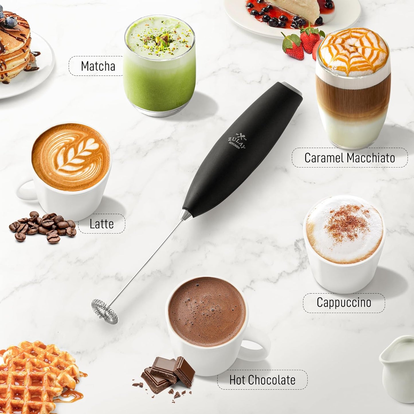 Zulay Kitchen Milk Frother - Handheld Electric Whisk for Lattes, Matcha & More | Durable Stainless Steel - Black