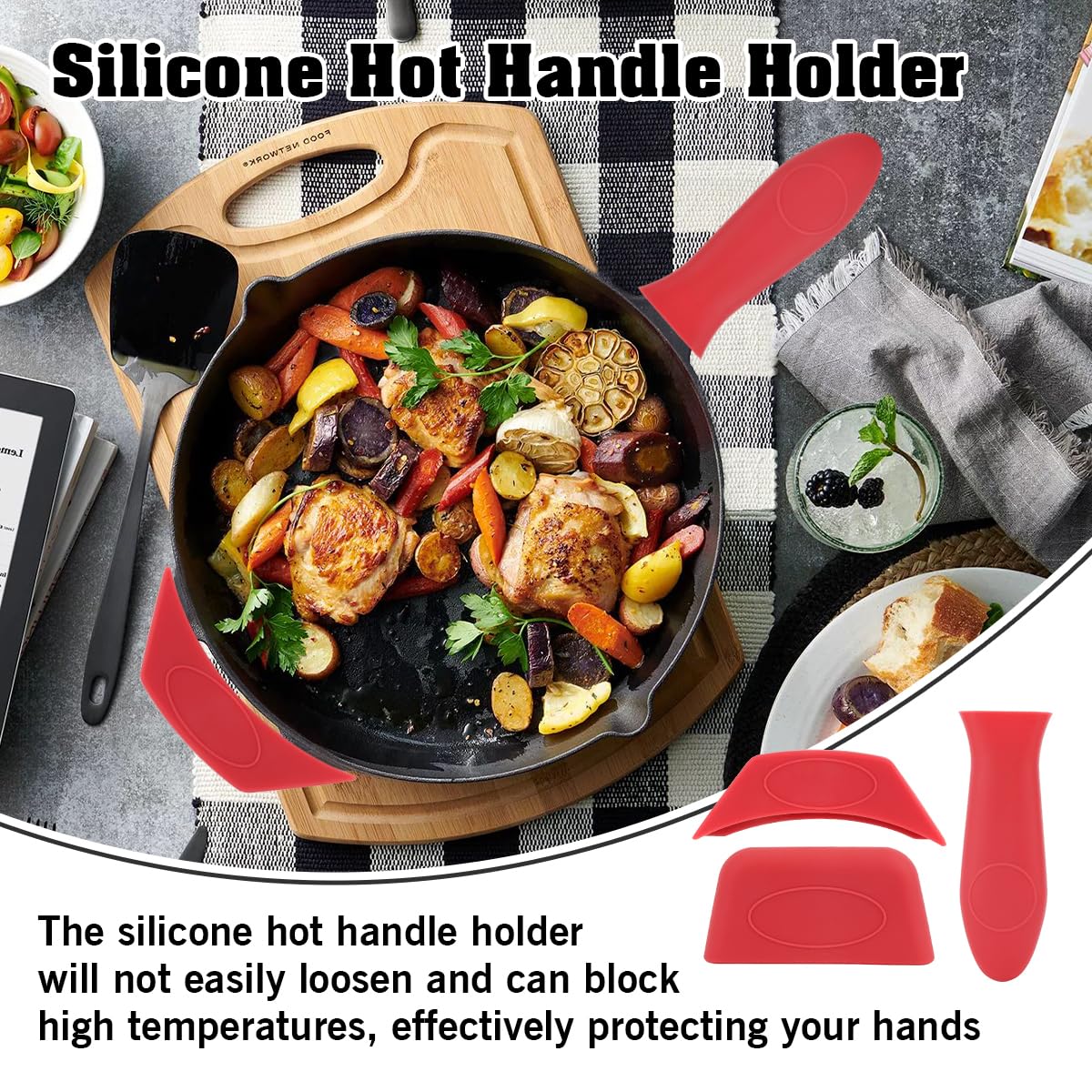 3 PCS Cast Iron Handle Cover, Cast Iron Skillet Handle Covers Silicone Pot Holders Heat Resistant Silicone Hot Handle Holder for Frying Pans Skillet Griddles Cookware