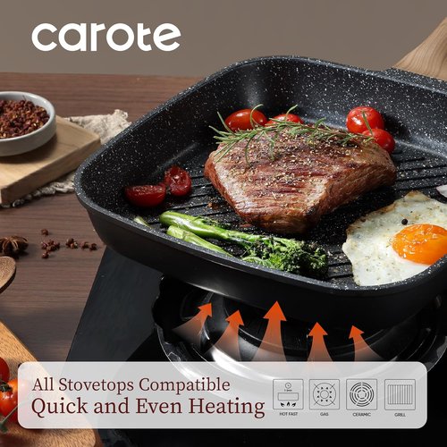 CAROTE 11 Inch Nonstick Grill Pan - Premium Granite Coating, Square Skillet for Indoor/Outdoor Use, PFOA Free, Black